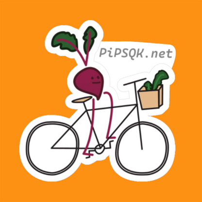 Cartoon beet riding a bicycle with a beige basket and maybe another beet in the basket with leaves sticking out.