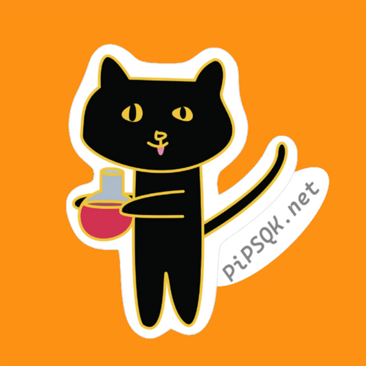 A cartoon black cat, smiling and holding a red potion in a rounded glass bottle. It's tail sticks out behind it.