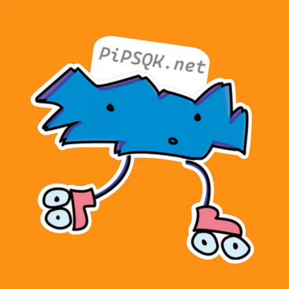 A wide sharp-edged blue cloud with bead eyes, wearing pink roller skates with white wheels on its skinny legs.