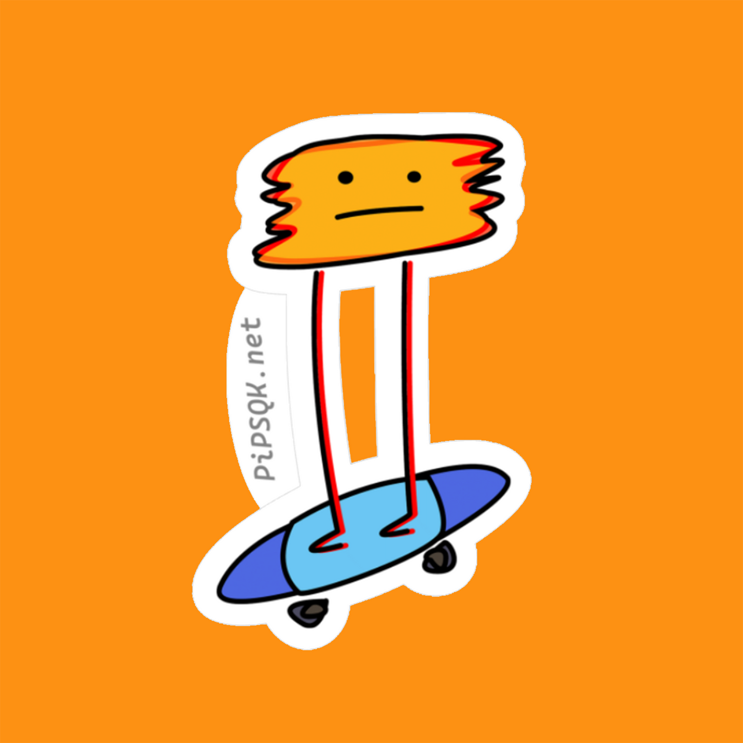 The original PiPSQK guy, an orange cartoon skateboarder on a blue board. His whole body is his head, he has an unimpressed expression on his face. Very long skinny legs extend from his face and stand on the skateboard.